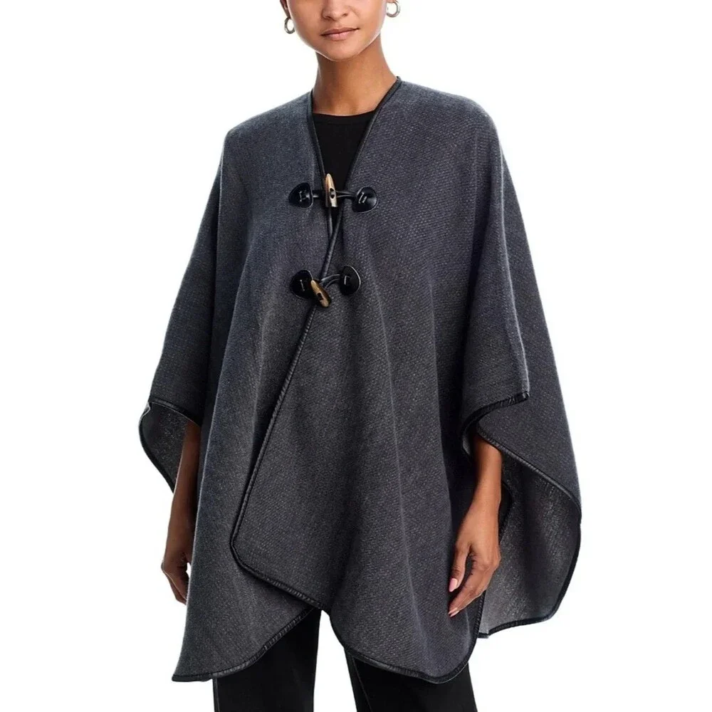 AQUA Women's Ruana Poncho Cape Wrap Reversible Toggle Closure Charcoal Gray OS